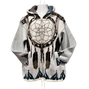 Artisan Ecuador Wool Zip Hooded Jacket, Dreamweaver, Ivory Brown Black Turq XL